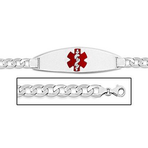 Sterling Silver Medical ID Figaro Chain w  Red Enamel Bracelet