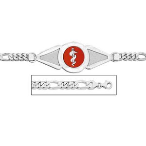 Sterling Silver Medical ID Figaro Chain w  Red Enamel Bracelet