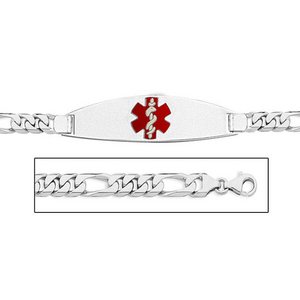 14K White Gold Medical ID Bracelet w  Figaro Chain with Enamel