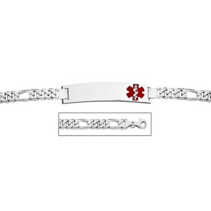 Sterling Silver Medical ID Bracelet w  Figaro Chain W  Red Enamel