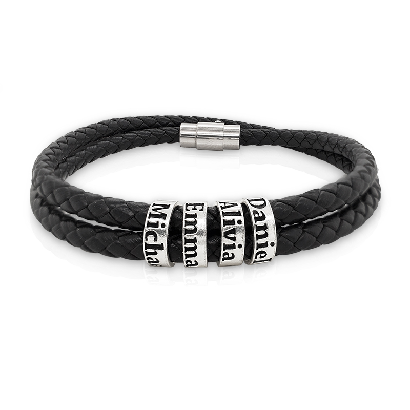 Black Leather Bracelet with Personalized Beads - PG101782