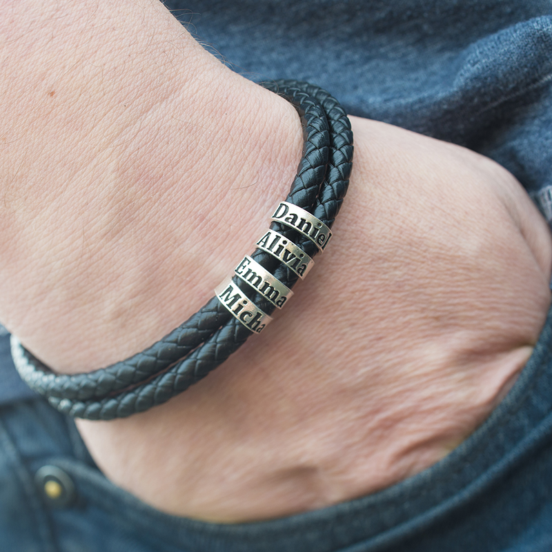 Black Leather Bracelet with Personalized Beads - PG101782