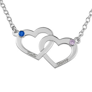 Interlocking Heart Necklace with Two Birthstones   Two Names
