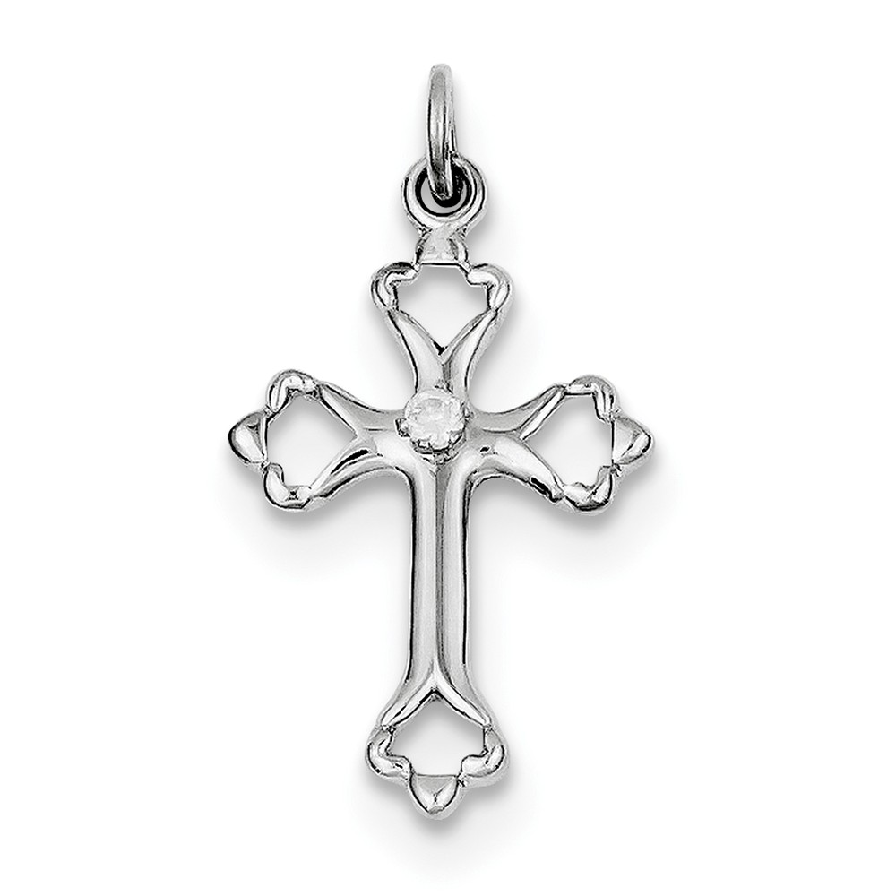 Sterling Silver Rhodium-plated Budded Cross w/CZ Charm - PG97393
