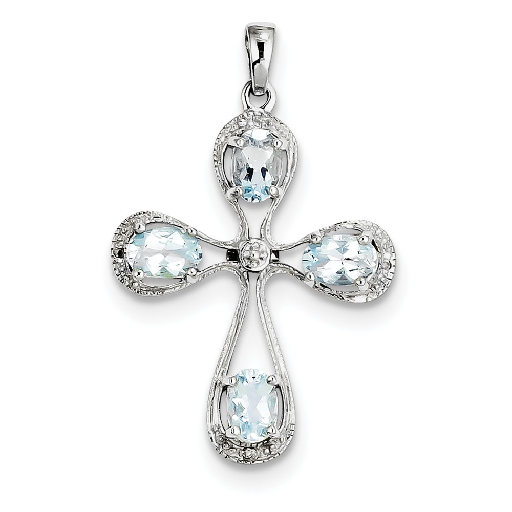 Sterling Silver Rhodium Aqua & Diamond Cross Pendant 