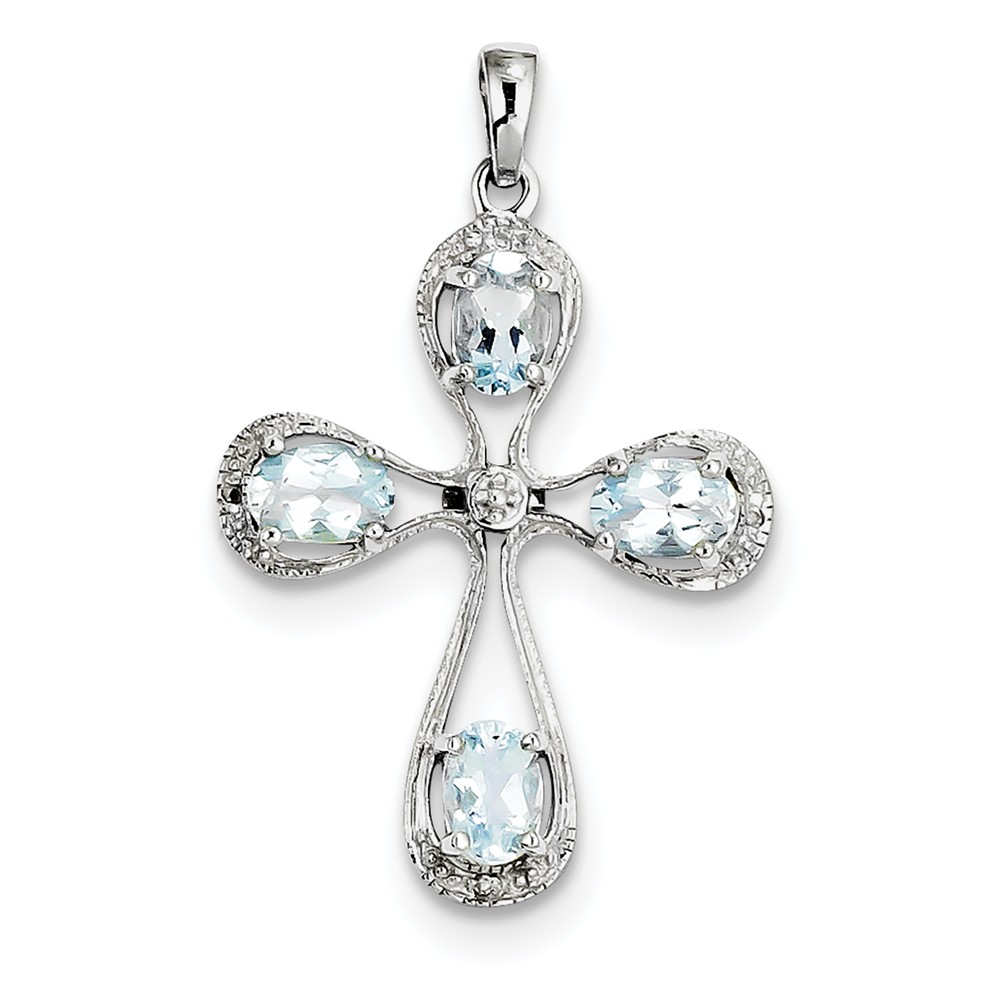 Sterling Silver Rhodium Aqua & Diamond Cross Pendant Sterling Silver Rhodium Aqua & Diamond Cross Pendant