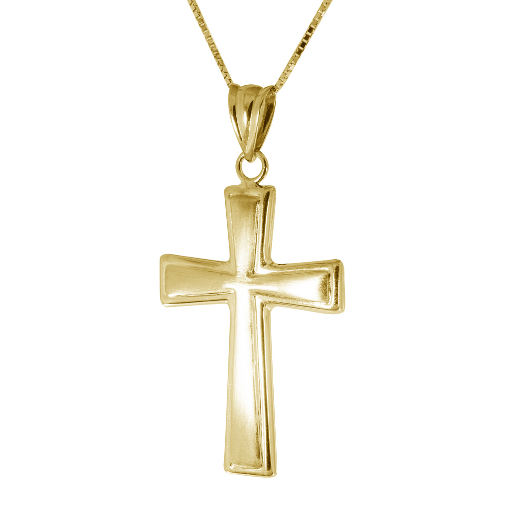 Unisex Solid 14k Yellow Gold Matte Finished Cross Necklace - PG93819