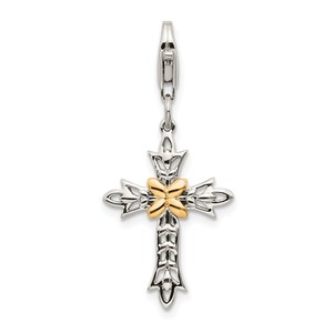 Sterling Silver w 14k 3 D Antiqued Cross w Lobster Clasp Charm