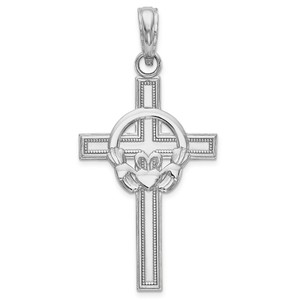 14k White Gold Polished Claddagh Cross Pendant