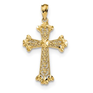 14k Diamond cut Polished Filigree Hearts Cross Pendant