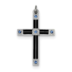 Sterling Silver Rhodium plated Enameled   Blue CZ Cross Pendant