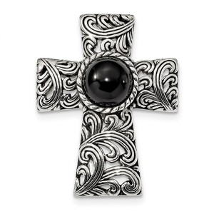 Sterling Silver Antiqued Filigree Black Onyx Cabochon Slide