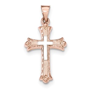 14K Two tone Textured  Brushed   Polished Budded Cross Pendant