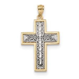 14k Two tone Polished Filigree Cross Pendant