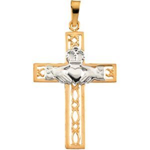 14K TWO TONE GOLD CLADDAGH CROSS PENDANT