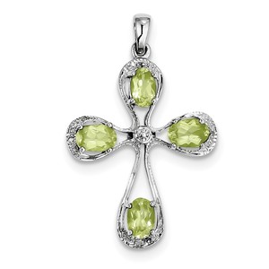 Sterling Silver Rhodium Peridot   Diamond Cross Pendant