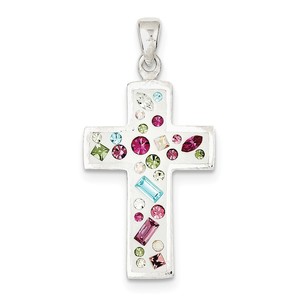 Sterling Silver Multi Color Stellux Crystal White Cross Pendant