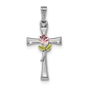 Sterling Silver Rhodium plated Cross with Epoxy Rose Center Pendant