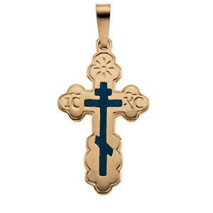 14K YELLOW GOLD ORTHODOX CROSS PENDANT W BLUE INLAY
