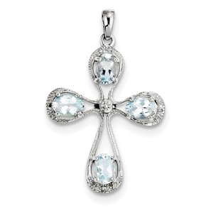 Sterling Silver Rhodium Aqua   Diamond Cross Pendant