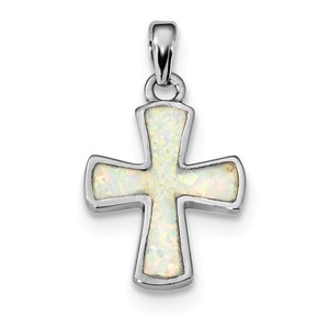 Sterling Silver Rhodium plated White Created Opal Cross Pendant