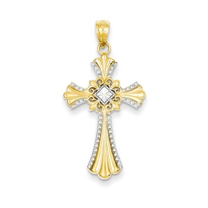 14k Rhodium Diamond cut Cross Pendant