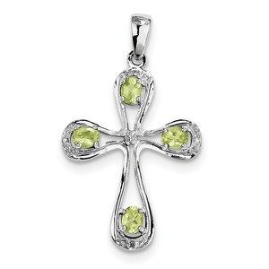 Sterling Silver Rhodium Peridot   Diamond Cross Pendant
