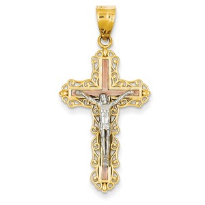 14K Tri color Diamond cut Crucifix Pendant