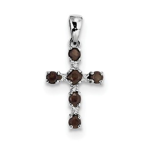 Sterling Silver Rhodium Smoky Quartz   Diamond Cross Pendant