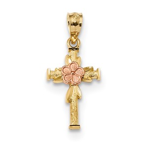 14k Yellow   Rose Polished D C Cross w Flower Pendant