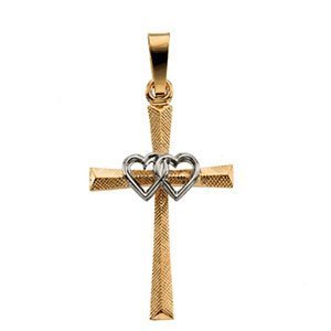 14K TWO TONE GOLD CROSS PENDANT W DOUBLE HEARTS