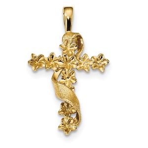 14k Polished and Textured Flower Cross w Ribbon Pendant