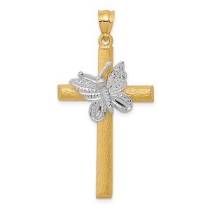 14k Two tone Cross w Butterfly Pendant