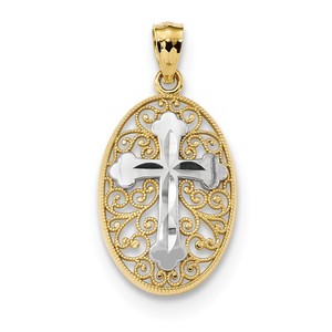 14k w Rhodium Diamond cut Cross in Filigree Charm