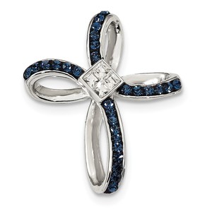 Sterling Silver Blue White Crystal Cross Slide