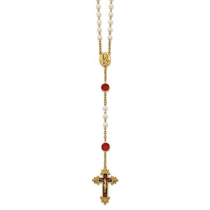 Gold tone Red Enamel Red Swarovski Crystal   Glass Pearl Rosary