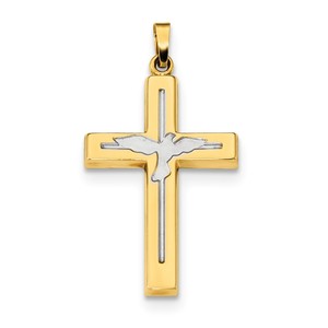 14k w Rhodium Polished   Satin Cross w Dove Pendant