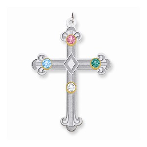 Sterling Silver 14k Bezel Crystal Family Cross Pendant