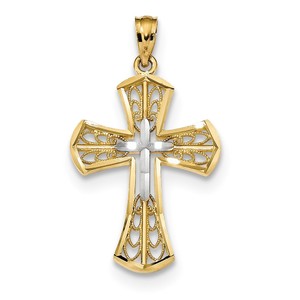 14k w Rhodium Polished D C Filigree Cross Pendant