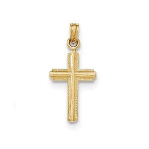 14K Gold Polished Cross With Stripped Border Pendant