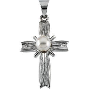 14K White Gold CROSS W PEARL PENDANT