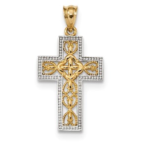 14k w White Rhodium Polished Filigree Cross Pendant