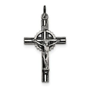 Sterling Silver Antiqued  Textured and Polished INRI Crucifix Pendant