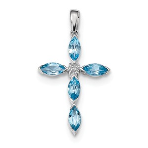 Sterling Silver Rhodium Lt Sw Blue Topaz Cross   Diamond Pendant