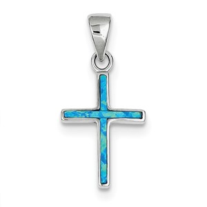 Sterling Silver Blue Inlay Created Opal Thin Cross Pendant