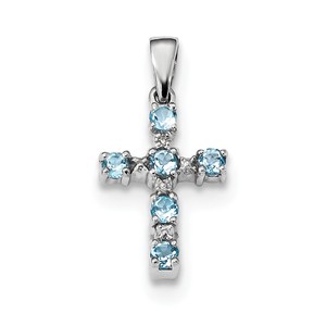Sterling Silver Rhodium Lt Sw Blue Topaz Cross   Diamond Pendant