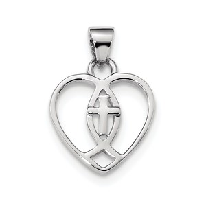 Sterling Silver Rhodium plated Heart w Ichthus and Cross Pendant