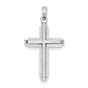 14K White Gold Cylinder Cross on Beaded Trim Frame