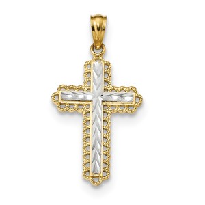 14k w Rhodium Diamond cut Budded Cross Pendant