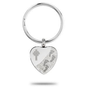 Heart Shape Cross w  Footprints Cremation and Ash Vessel Keychain
